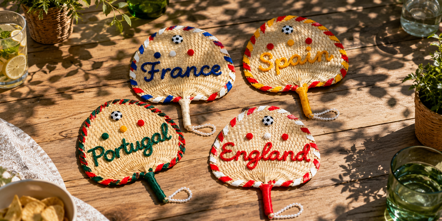 Woven racket-shaped coasters with country names on a wooden table.
