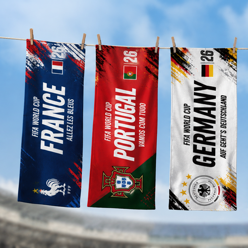 Towels of France, Portugal, Germany, Spain, and England hanging on a line with a blurred stadium background.