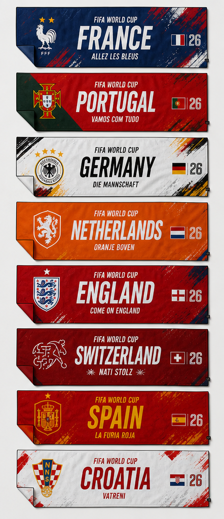 Collection of football (soccer) towels from various countries with their respective flags and names.