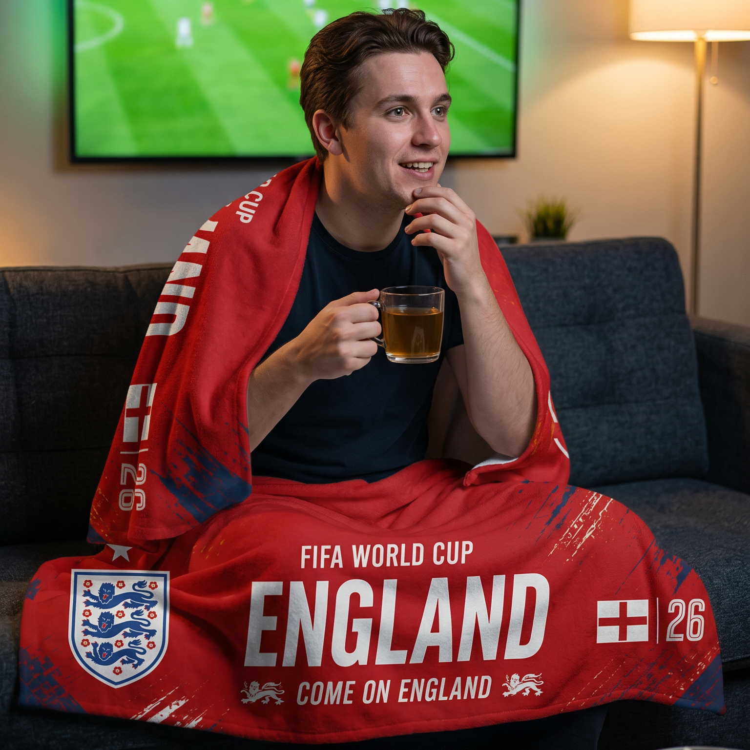Man watching a soccer match on TV with an England towel and beer.