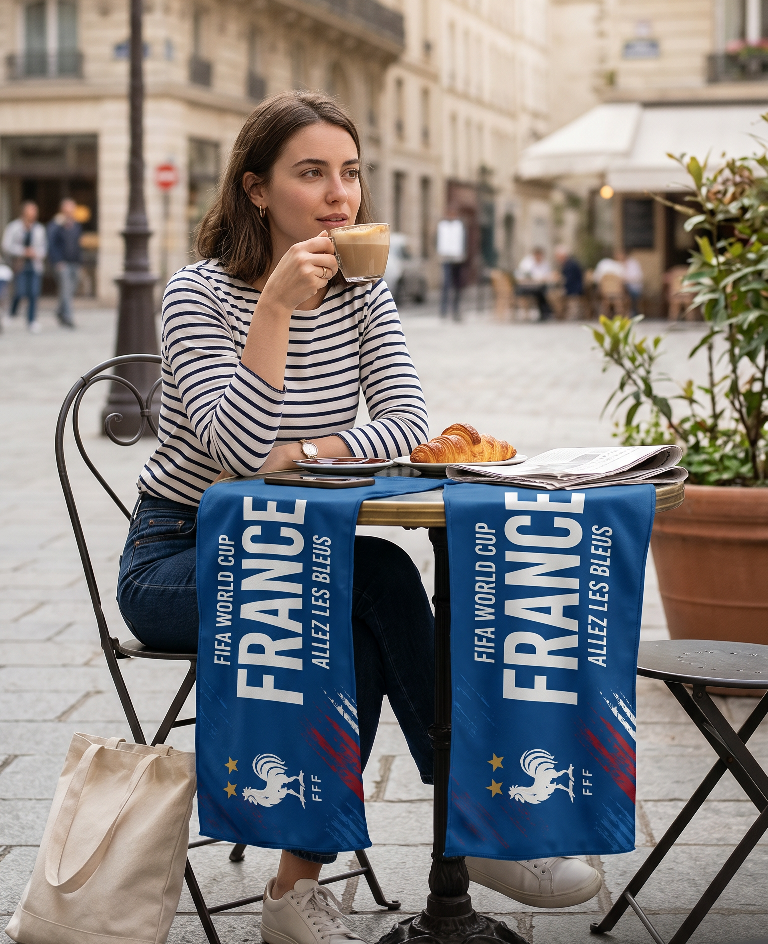 Woman sitting at a table in an outdoor cafe, sipping coffee with French worldcup towel on the table.