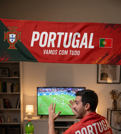 Man in a Portugal jersey watching a soccer match on TV with a Portugal banner above.