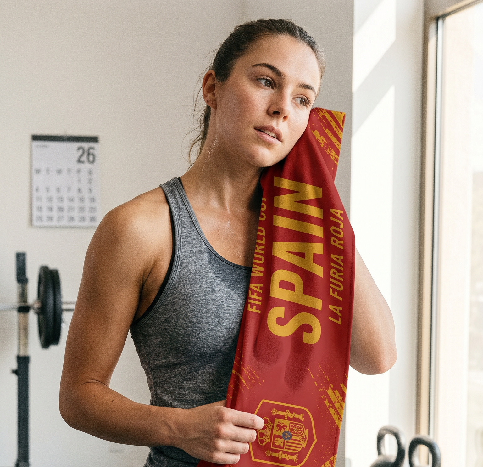 Woman holding a Spain Worldcup towel in a gym above.