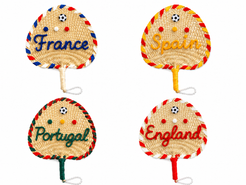 Four woven fans with embroidered country names on a white background