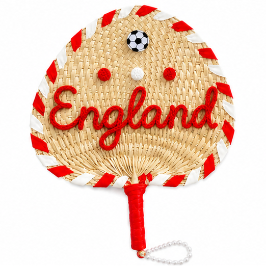 Woven fan with 'England' text and red and white accents on a white background