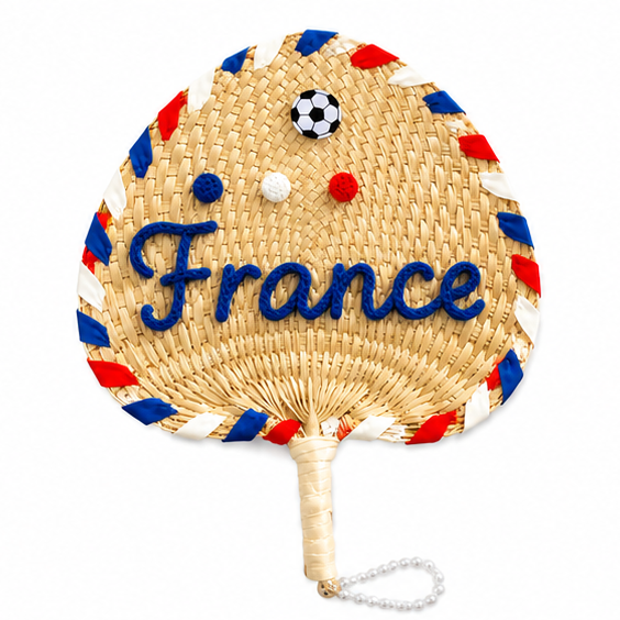 Woven fan with 'France' text and soccer ball design on a white background