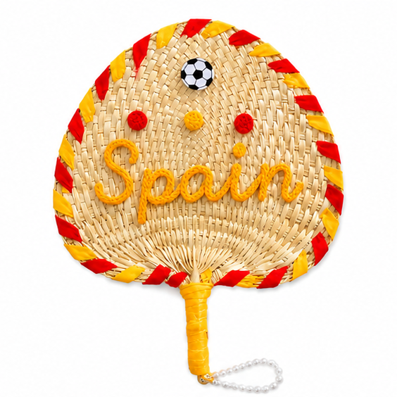 Woven fan with 'Spain' text, soccer ball, and red and yellow accents on a white background
