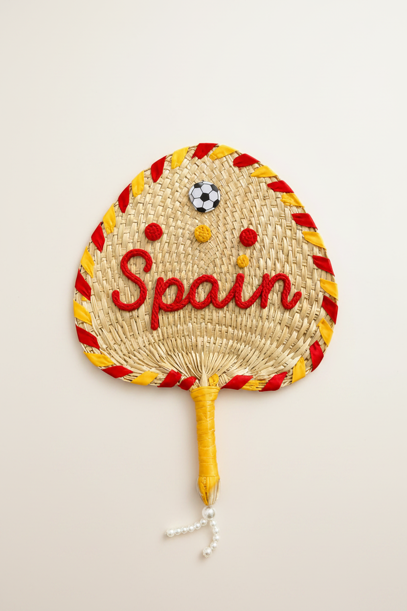 Woven fan with 'Spain' text and soccer ball emblem on a white background